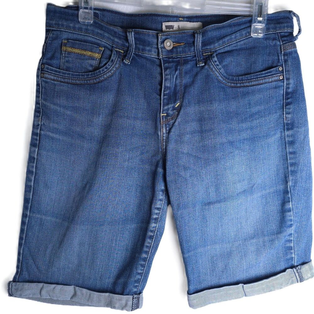 Levis Shorts Womens Size 8 Blue Denim Rolled Hem Casual Summer Slim